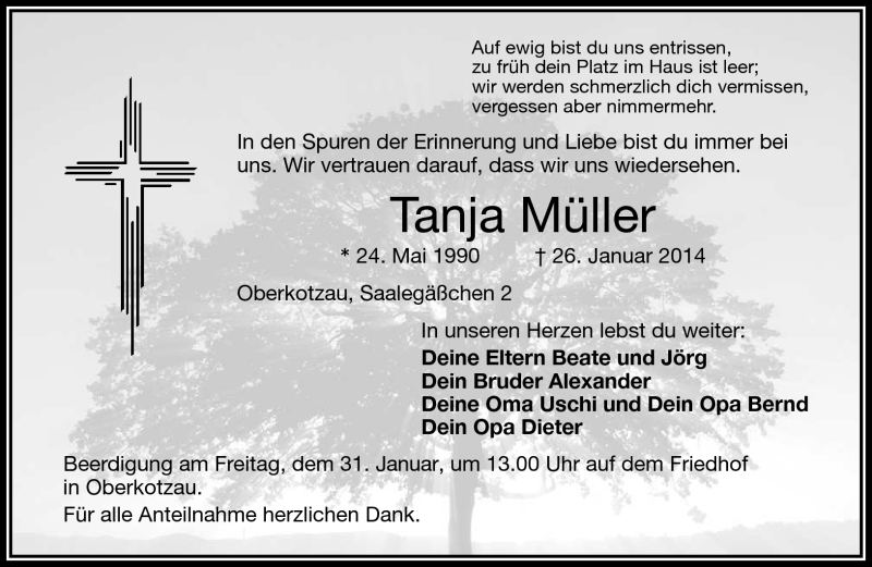  Traueranzeige für Tanja Müller vom 30.01.2014 aus Frankenpost