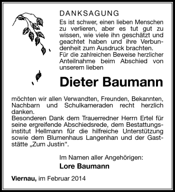 Traueranzeige von Dieter Baumann von Südthüringer Presse