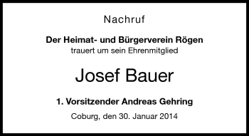 Traueranzeige von Josef Bauer von Neue Presse Coburg