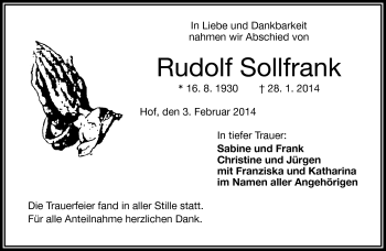 Traueranzeige von Rudolf Sollfrank von Frankenpost