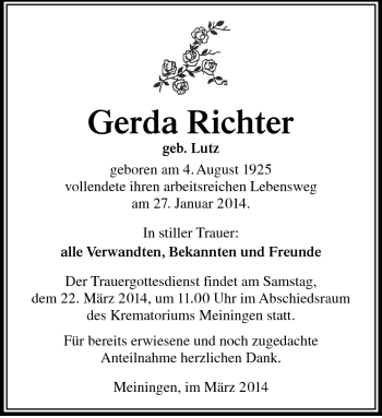 Traueranzeige von Gerda Richter von Südthüringer Presse