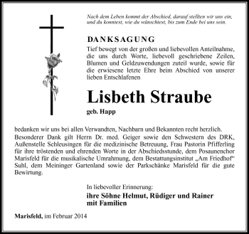 Traueranzeige von Lisbeth Straube von Südthüringer Presse