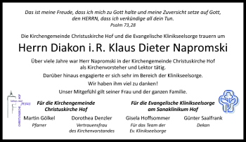 Traueranzeige von Klaus Dieter Napromski von Frankenpost