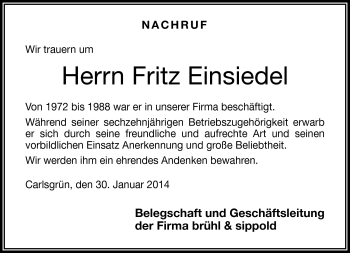 Traueranzeige von Fritz Einsiedel von Frankenpost
