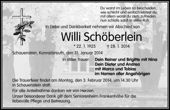Traueranzeige von Willi Schöberlein von Frankenpost