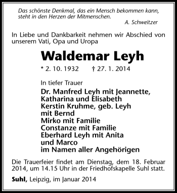 Traueranzeige von Waldemar Leyh von Südthüringer Presse