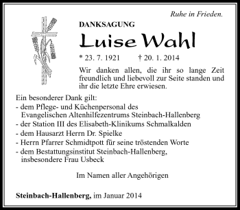 Traueranzeige von Luise Wahl von Südthüringer Presse