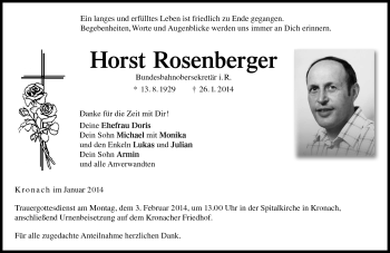 Traueranzeige von Horst Rosenberger von Neue Presse Coburg