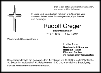 Traueranzeige von Rudolf Greger von Frankenpost