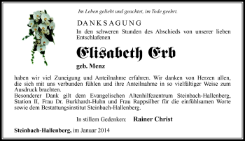 Traueranzeige von Elisabeth Erb von Südthüringer Presse