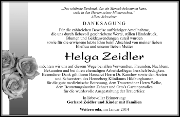 Traueranzeige von Helga Zeidler von Südthüringer Presse