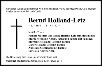 Traueranzeige von Bernd Holland-Letz von Südthüringer Presse