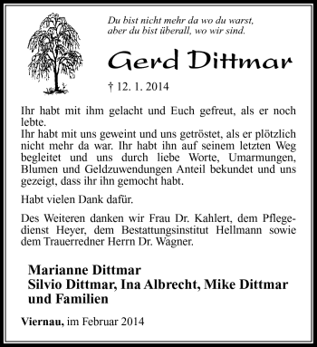 Traueranzeige von Gerd Dittmar von Südthüringer Presse