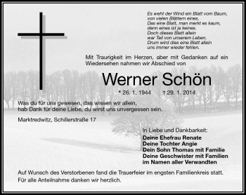 Traueranzeige von Werner Schön von Frankenpost