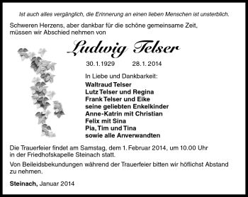 Traueranzeige von Ludwig Telser von Südthüringer Presse