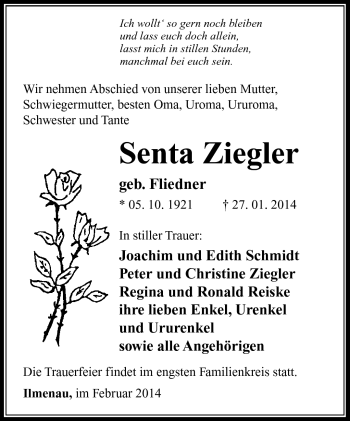 Traueranzeige von Senta Ziegler von Südthüringer Presse