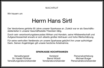 Traueranzeige von Hans Sirtl von Frankenpost