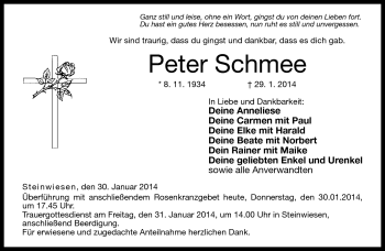 Traueranzeige von Peter Schmee von Neue Presse Coburg