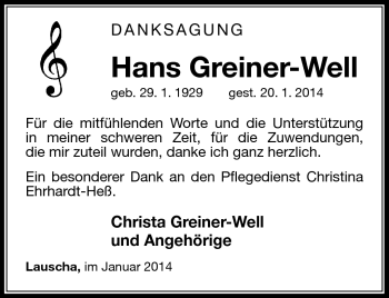 Traueranzeige von Hans Greiner-Well von Südthüringer Presse