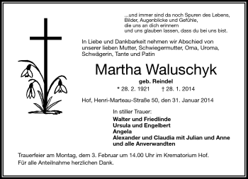 Traueranzeige von Martha Waluschyk von Frankenpost