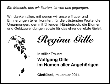 Traueranzeige von Regina Gille von Südthüringer Presse
