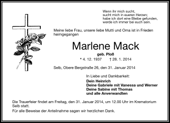 Traueranzeige von Marlene Mack von Frankenpost