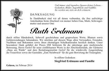 Traueranzeige von Ruth Erdmann von Südthüringer Presse
