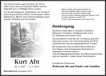 Traueranzeige von Kurt Abt von Südthüringer Presse