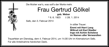 Traueranzeige von Gertrud Gölkel von Frankenpost