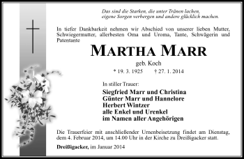 Traueranzeige von Martha Marr von Südthüringer Presse