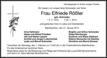 Traueranzeige von Elfriede Rößler von Frankenpost
