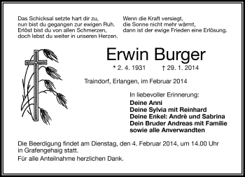 Traueranzeige von Erwin Burger von Frankenpost