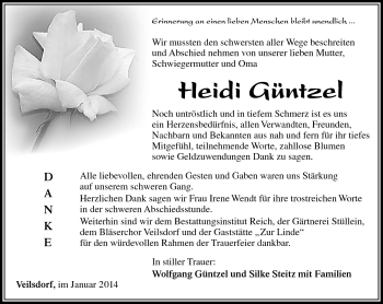 Traueranzeige von Heidi Güntzel von Südthüringer Presse