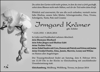 Traueranzeige von Irmgard Krämer von Südthüringer Presse