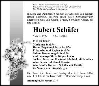 Traueranzeige von Hubert Schäfer von Südthüringer Presse