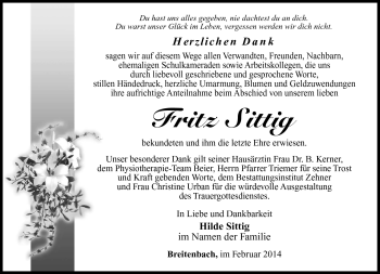 Traueranzeige von Fritz Sittig von Südthüringer Presse