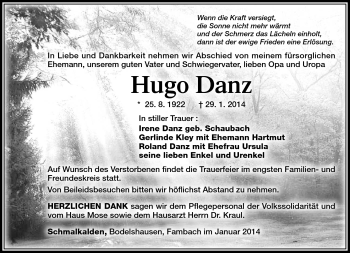 Traueranzeige von Hugo Danz von Südthüringer Presse