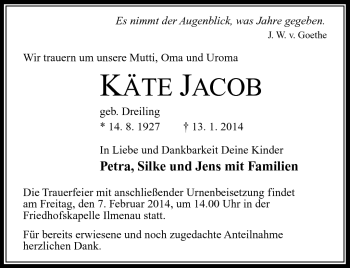 Traueranzeige von Käte Jacob von Südthüringer Presse