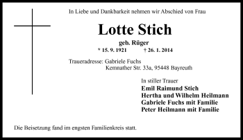 Traueranzeige von Lotte Stich von Neue Presse Coburg