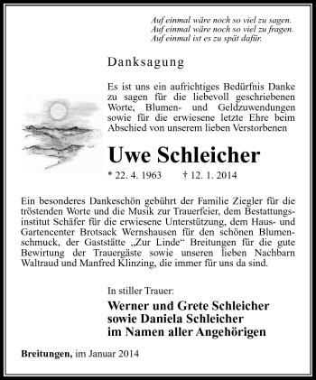 Traueranzeige von Uwe Schleicher von Südthüringer Presse