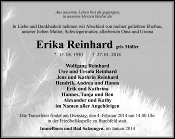 Traueranzeige von Erika Reinhard von Südthüringer Presse