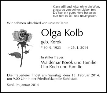 Traueranzeige von Olga Kolb von Südthüringer Presse