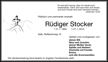 Traueranzeige von Rüdiger Stocker von Frankenpost