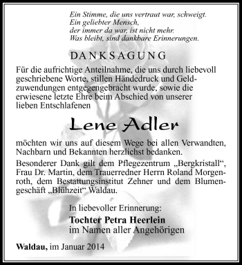 Traueranzeige von Lene Adler von Südthüringer Presse