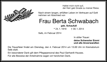 Traueranzeige von Berta Schwabach von Frankenpost