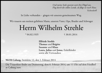 Traueranzeige von Wilhelm Strehle von Neue Presse Coburg
