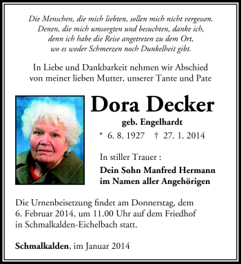 Traueranzeige von Dora Decker von Südthüringer Presse