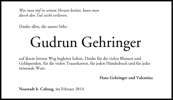 Traueranzeige von Gudrun Gehringer von Neue Presse Coburg