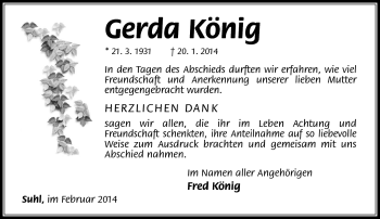 Traueranzeige von Gerda König von Südthüringer Presse