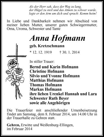 Traueranzeige von Anna Hofmann von Südthüringer Presse